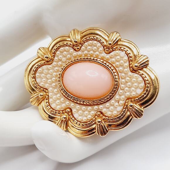Vintage Gold Tone Brooch, Pink Cabochon Center, Faux Seed Pearl Design - Picture 1 of 10